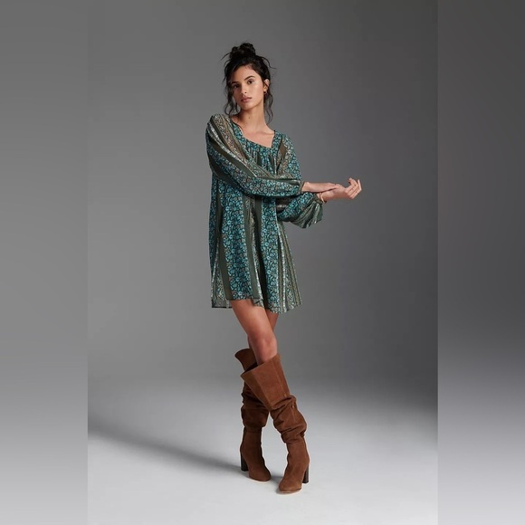 Anthropologie Blue Green Floral Sona Tunic Mini Dress Small - Picture 3 of 16
